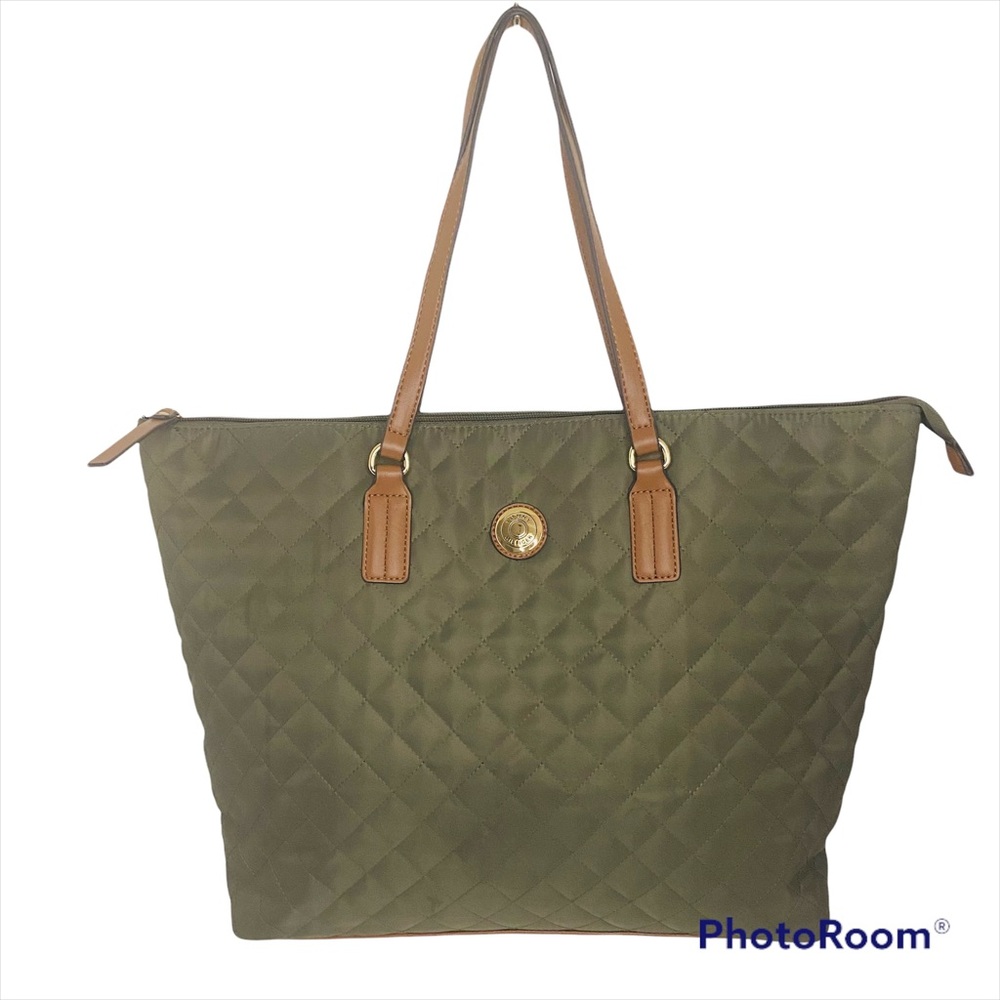 Tommy Hilfiger Quilted Nylon Tote Bag Top Zipper Olive With Faux Leather Trim
